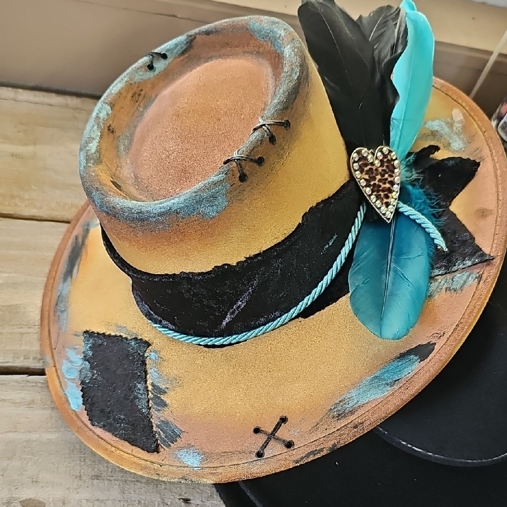 Tan and Blue Vintage-Inspired Hat with Feather and Charm